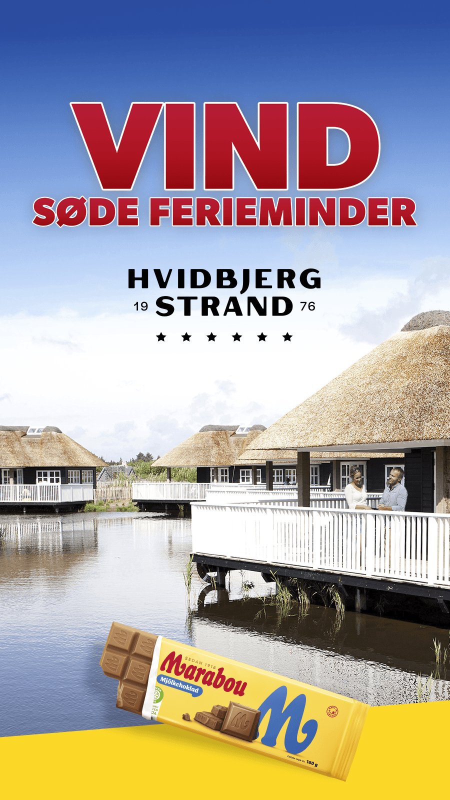 Advertisement featuring thatched-roof cottages by a lake, with a Marabou chocolate bar in the foreground.